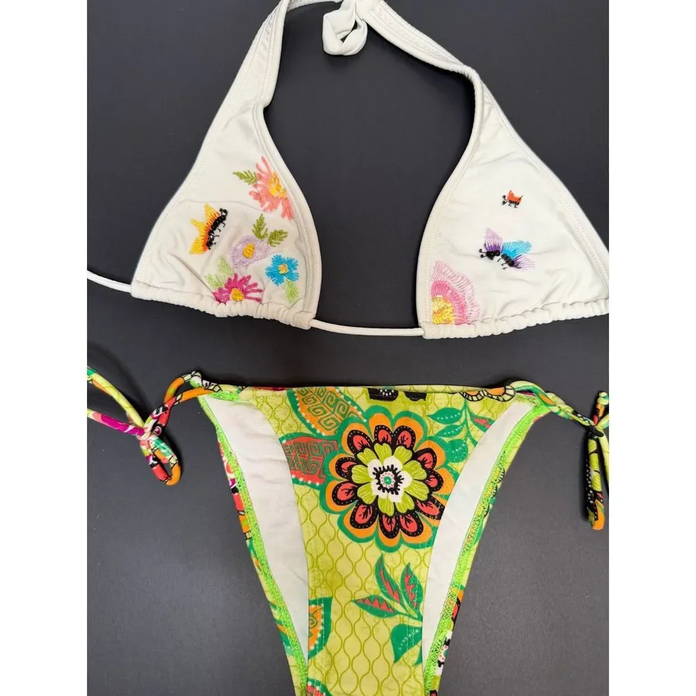 Brazilian Bikini Women's Size M Embroidered Sequin Halter Tie Side Two Piece